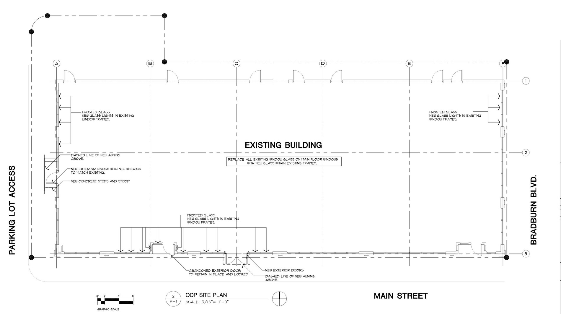Site plan showing the building footprint, Main Street and Bradburn Boulevard frontage, and exterior entry locations